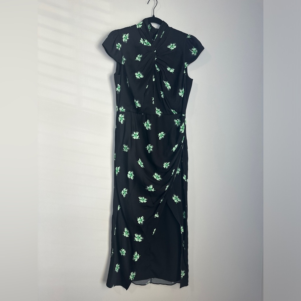 Self-Portrait Size 10 Pansy Print Knot Stretch Woven Maxi Dress In Black - Picture 6 of 9